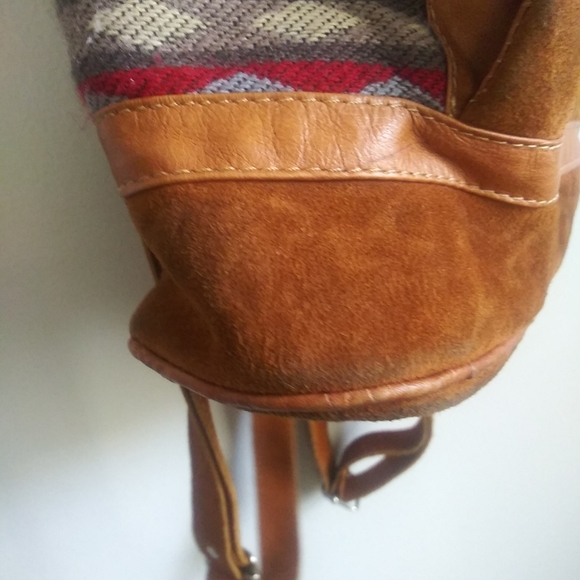 Southwestern Backpack Brown Leather Suede Aztec Fabric Drawstring Bucket Bag - Picture 4 of 7